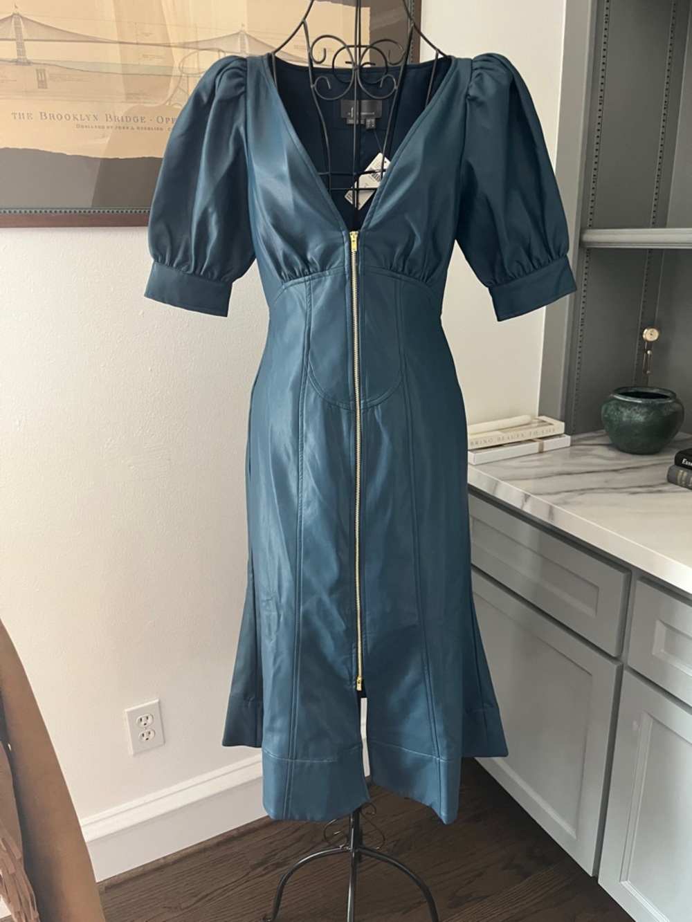 Anthropologie Teal Zip-Front Puff-Sleeve Midi Dress